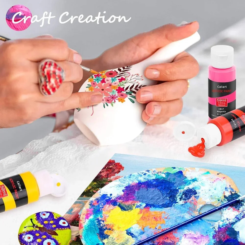 NEW 24 Colors Caliart Acrylic Paint Set Paints with 12 Brushes Art Craft Supply